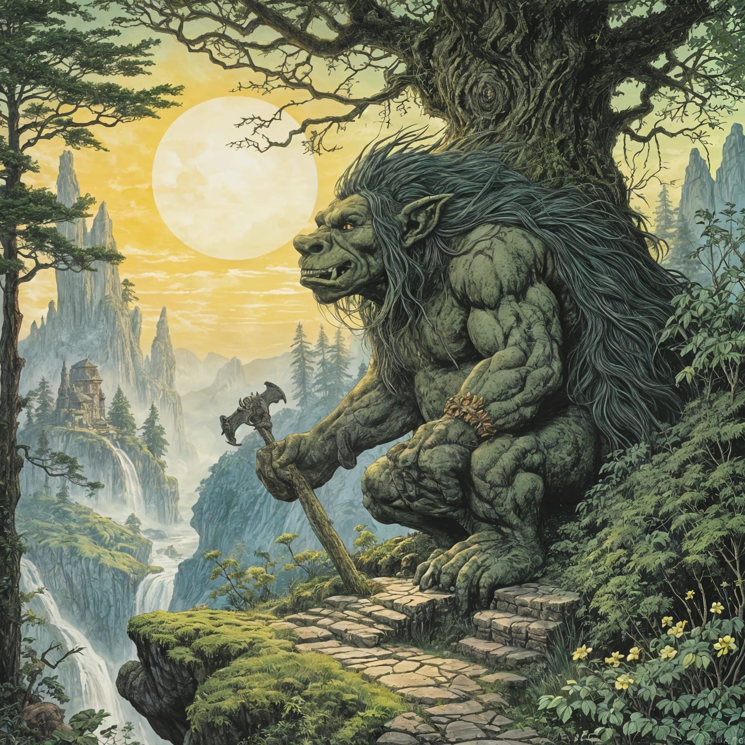 A fierce, large troll stands atop a thatched roof of an old stone village house in the forest. He has one glowing eye, t...