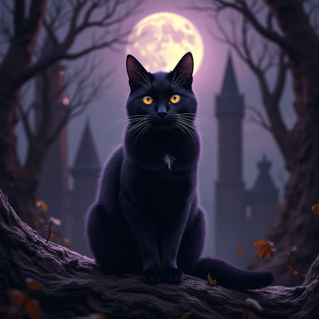 Majestic Black Cat Under Full Moon in Gothic Landscape