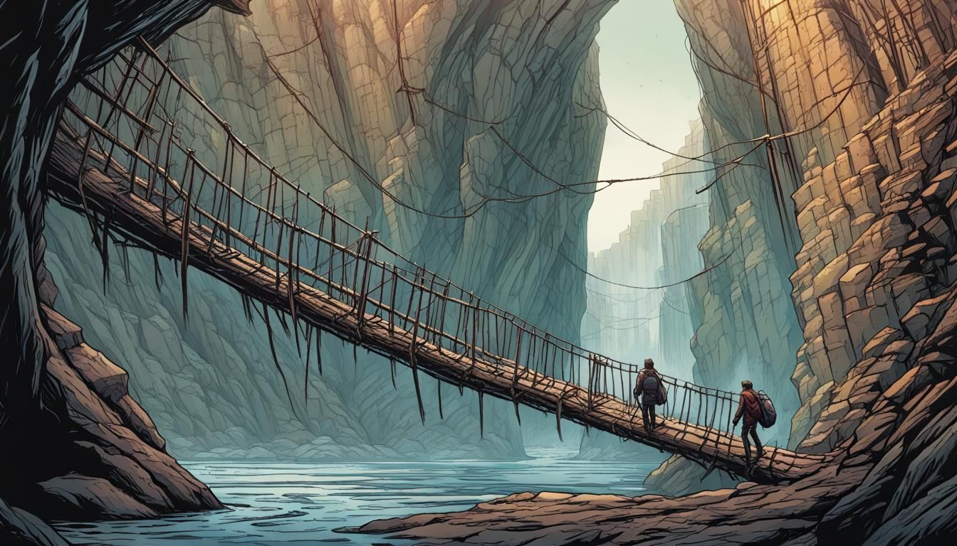 Rope Bridge Over Chasm in Comic Book Art Style