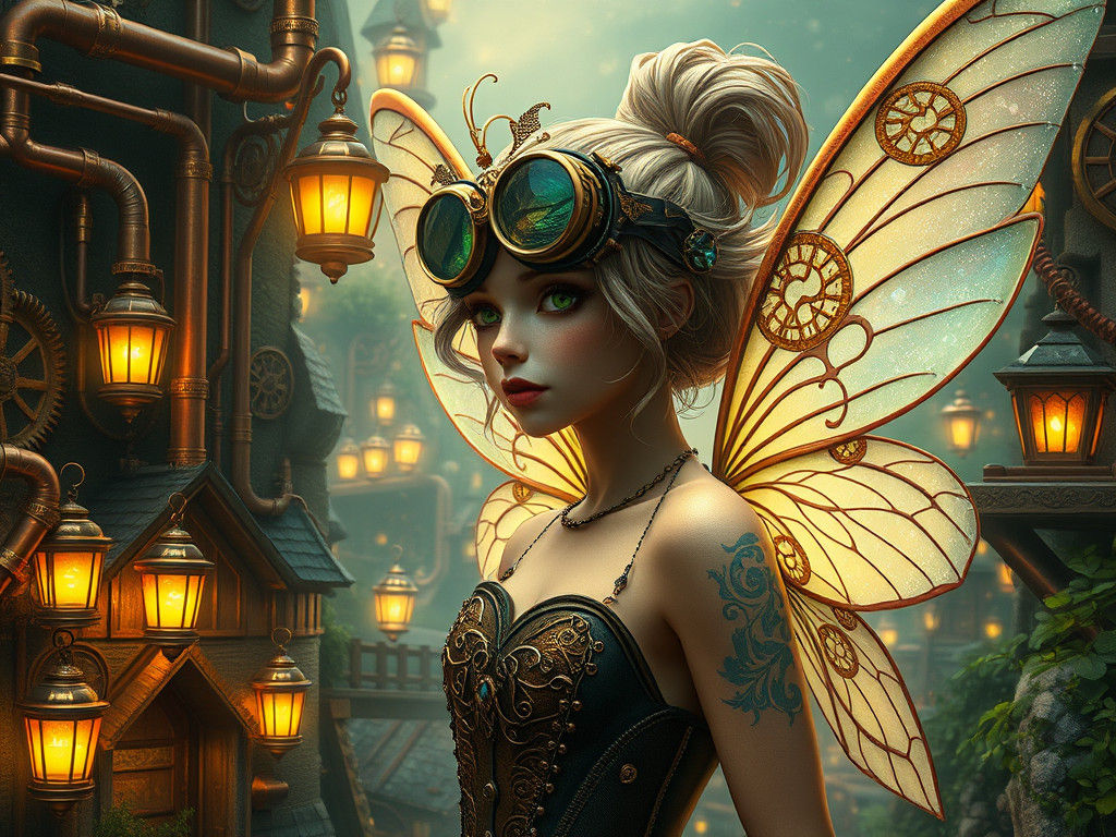 Steampunk Fairy Portrait with Intricate Mechanical Wings