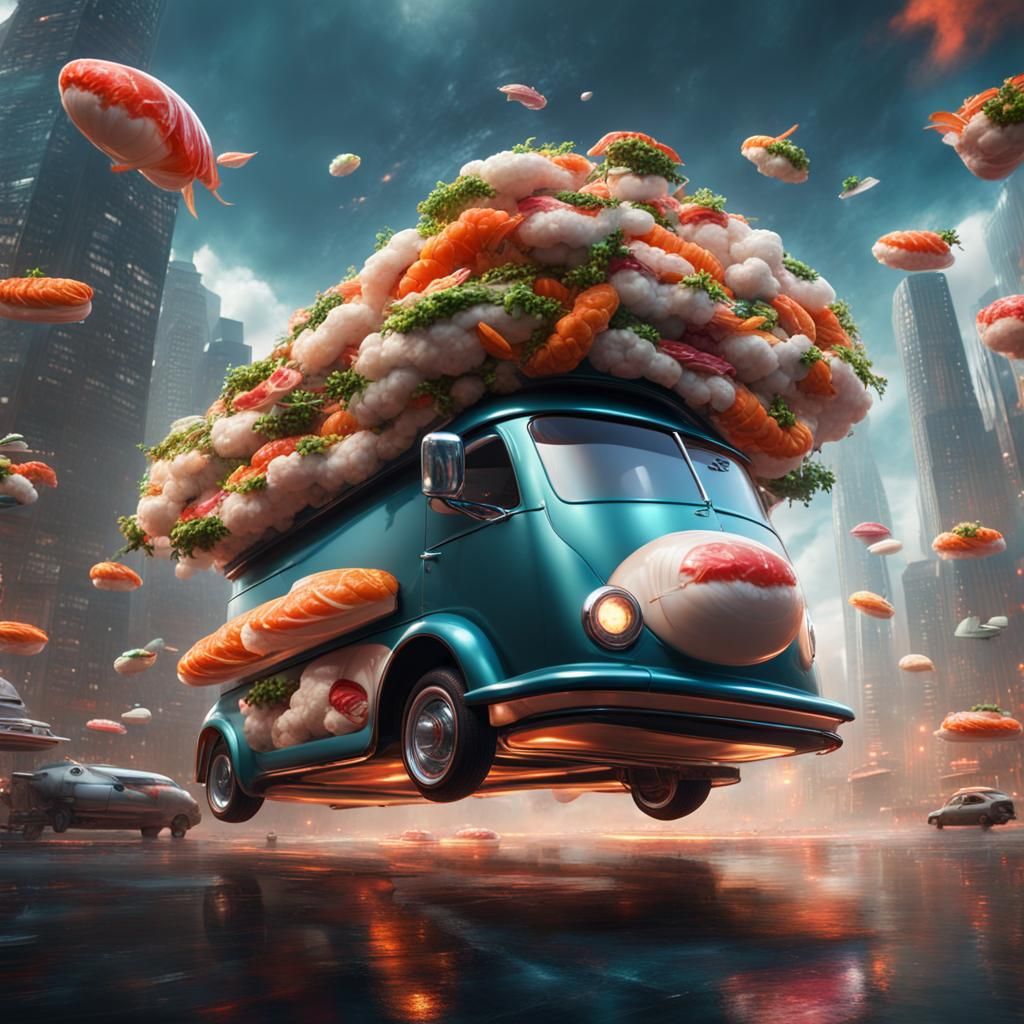 Futuristic Flying Sushi Van Concept Art