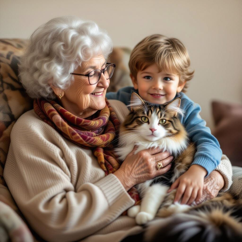 Grandmother Holding Grandson with Angora Cat
