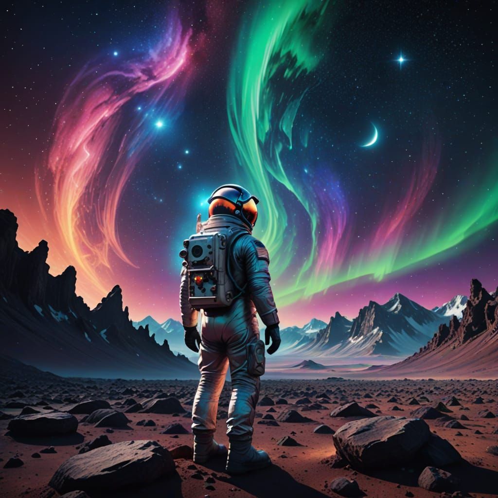 Astronaut on Alien Planet Gazing at Cosmic Aurora