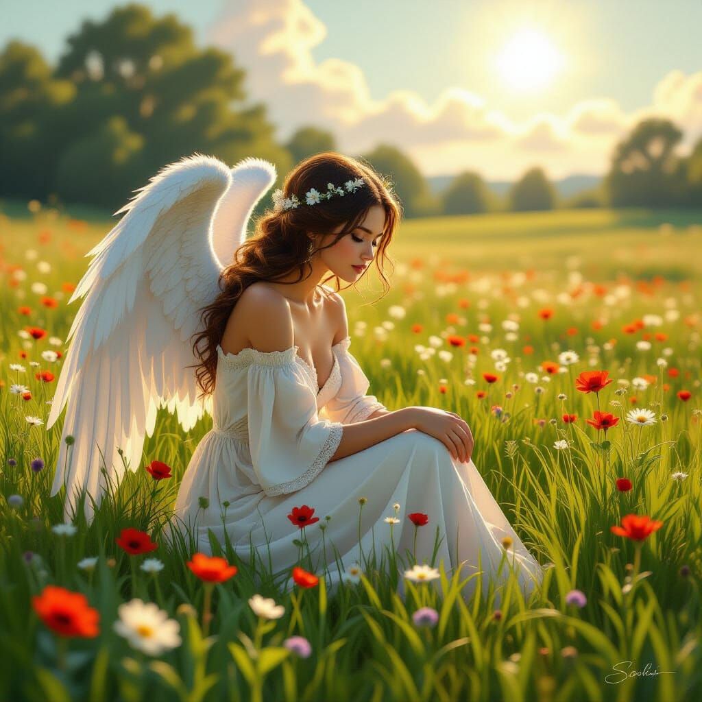 Angel in Lush Field as Digital Art
