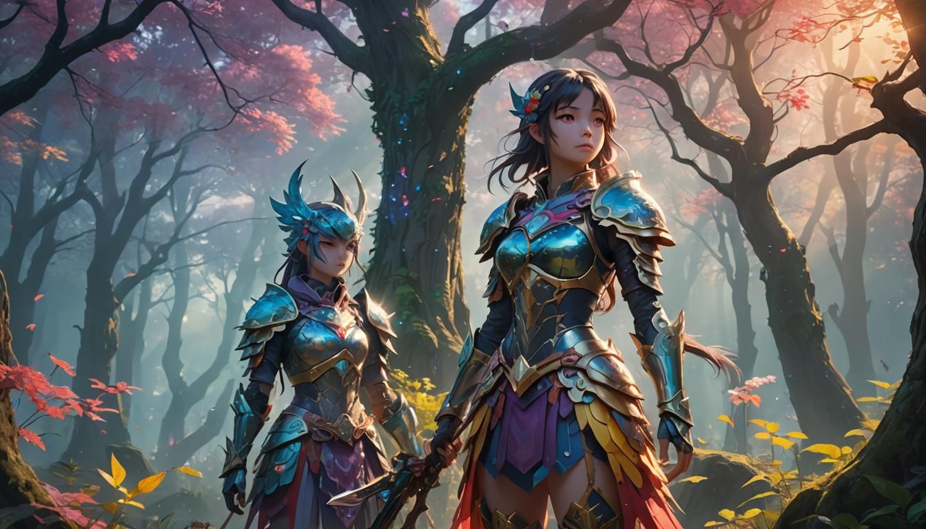 Vibrant Anime Warrior Girl in Misty Forest