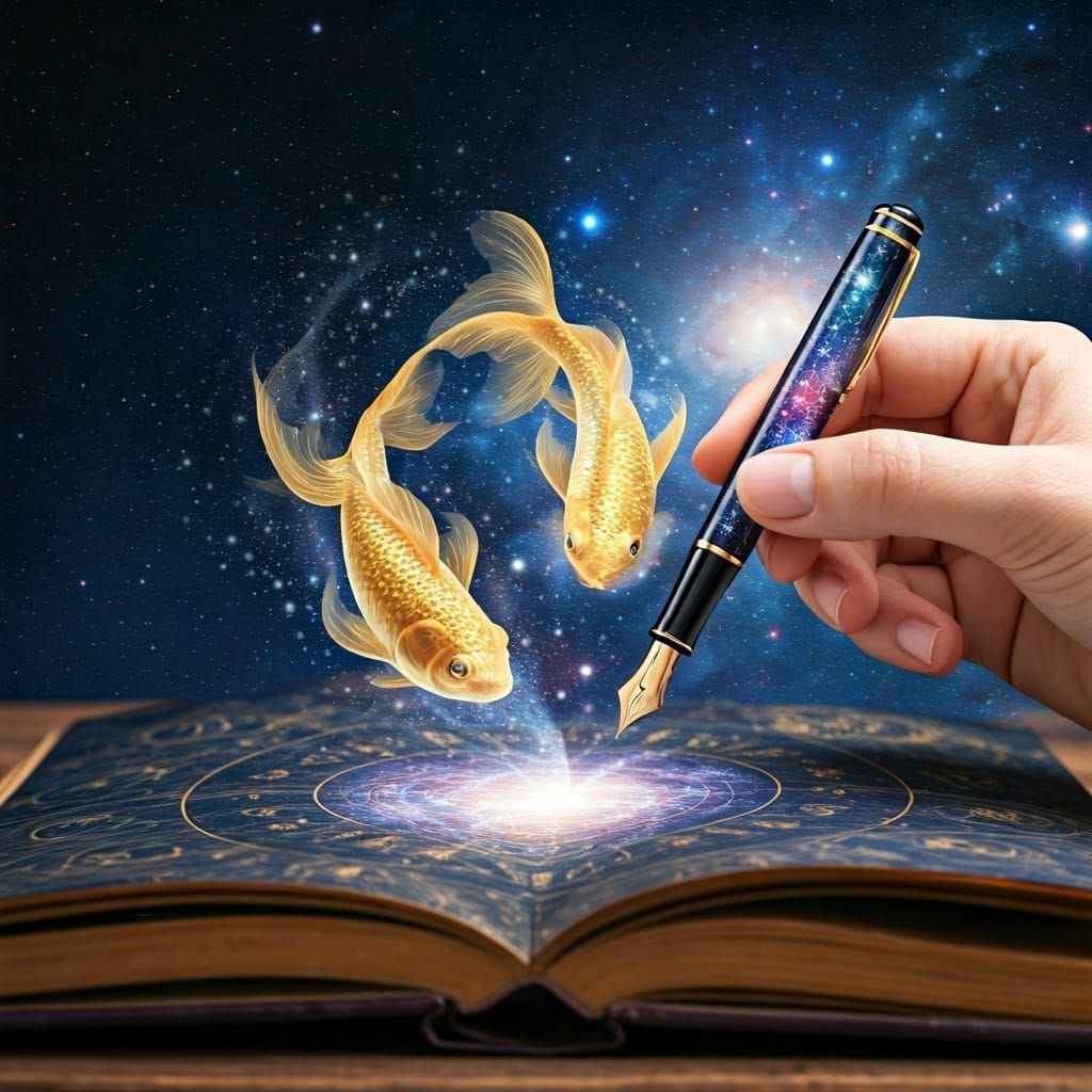 Ethereal Cosmic Scene with Fountain Pen and Pisces Symbol