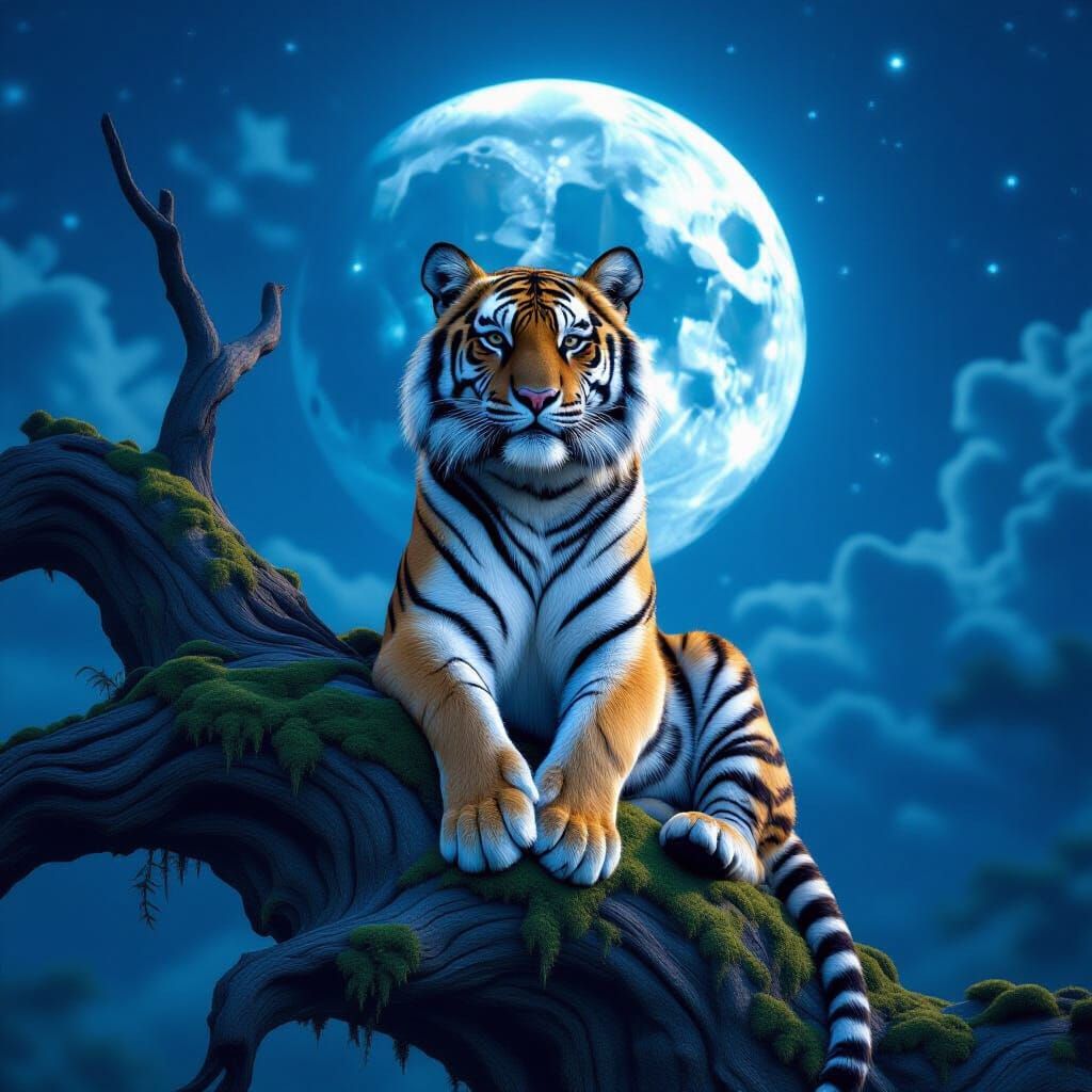 Majestic Tiger on Ancient Trunk Under Ethereal Moon