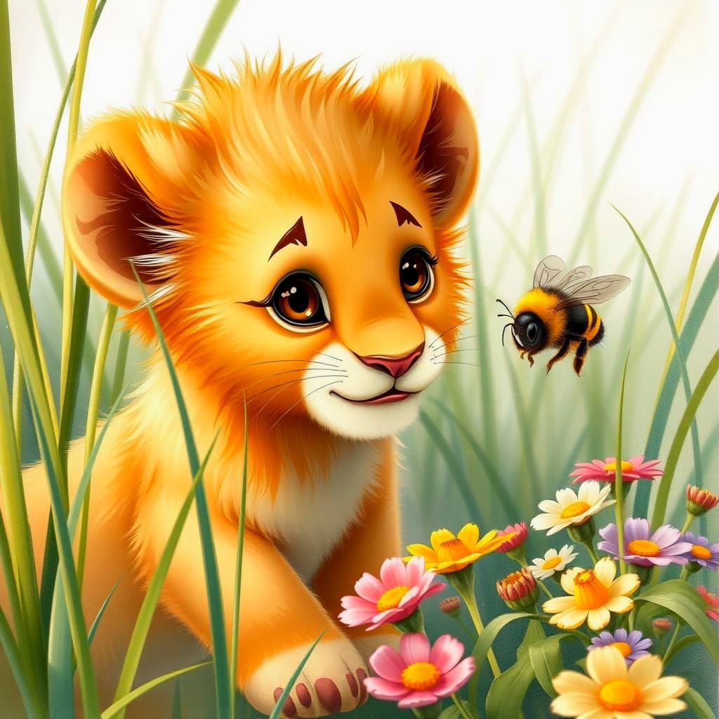 Cute Lion Cub Discovers a Busy Bee in African Savannah