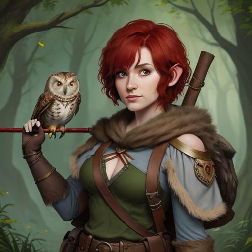 Halfling Druid Girl with Owl and Slingshot