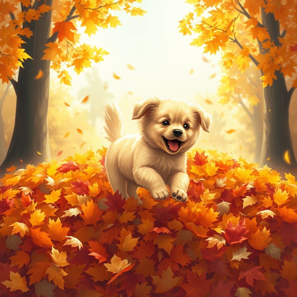 Golden Retriever Puppy Leaps in Autumn Leaves Illustration