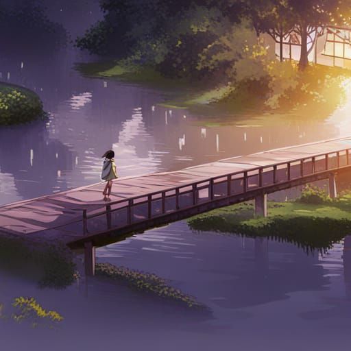 Chinese Girl on Bridge in Ghibli Anime Style