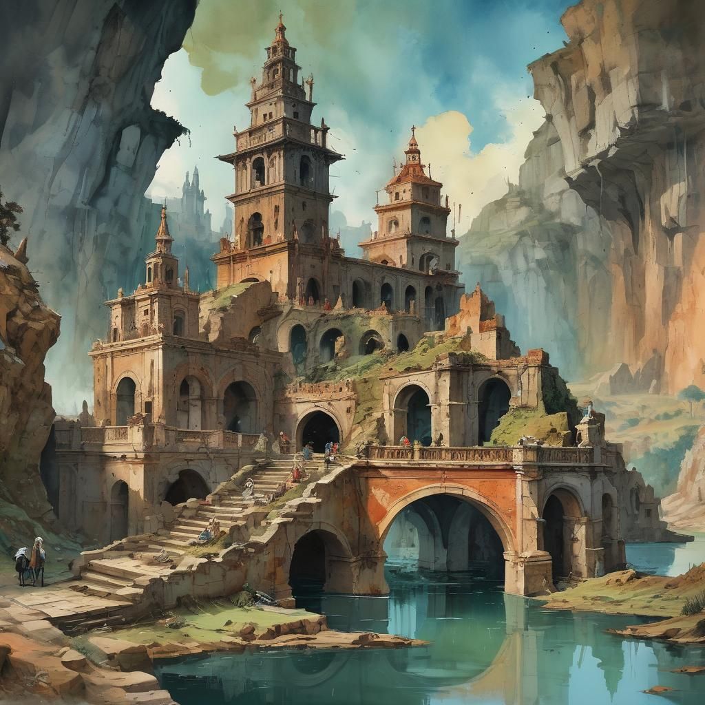 Ancient Ruins at World's Edge in Gouache Style