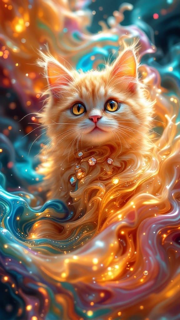 Ethereal Orange Persian Cat in Cosmic Liquid Art