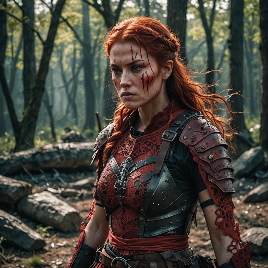 Cinematic Warrior in Red Lace, Ready for Battle