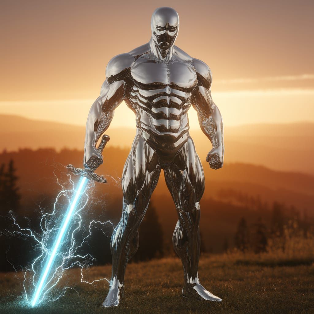 Chrome Man Standing Under a Golden Sunset