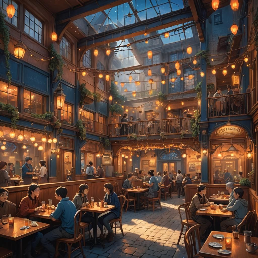 Cozy Night Cafe Filled with Magic, Old Masters Style