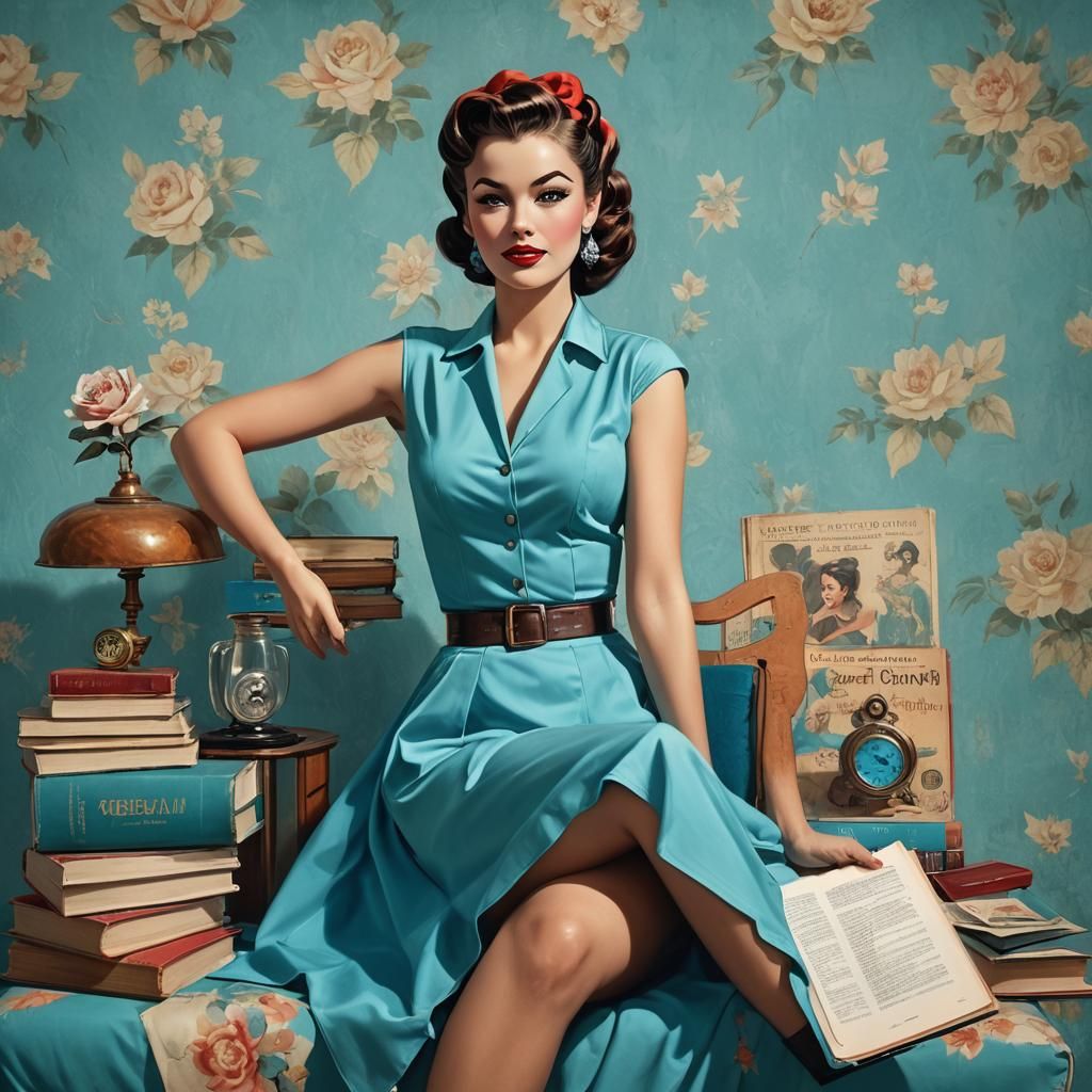 Elegant Pin-Up Reading Book in Vibrant Setting