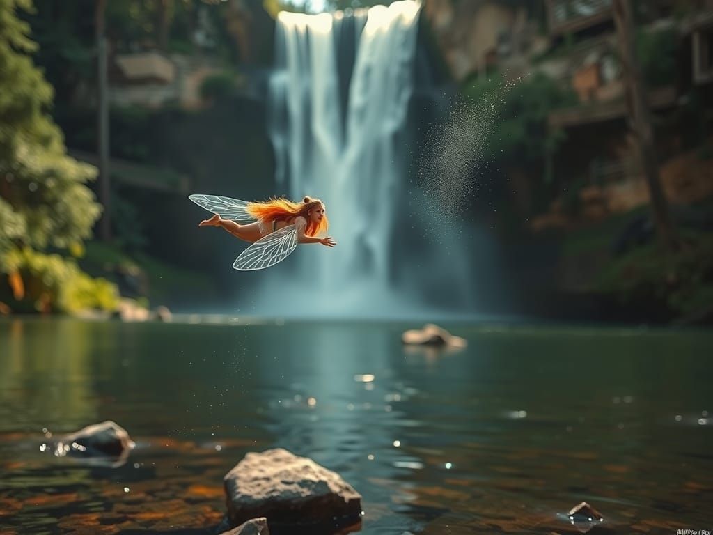 Urban Fairy Over Lake with Waterfall