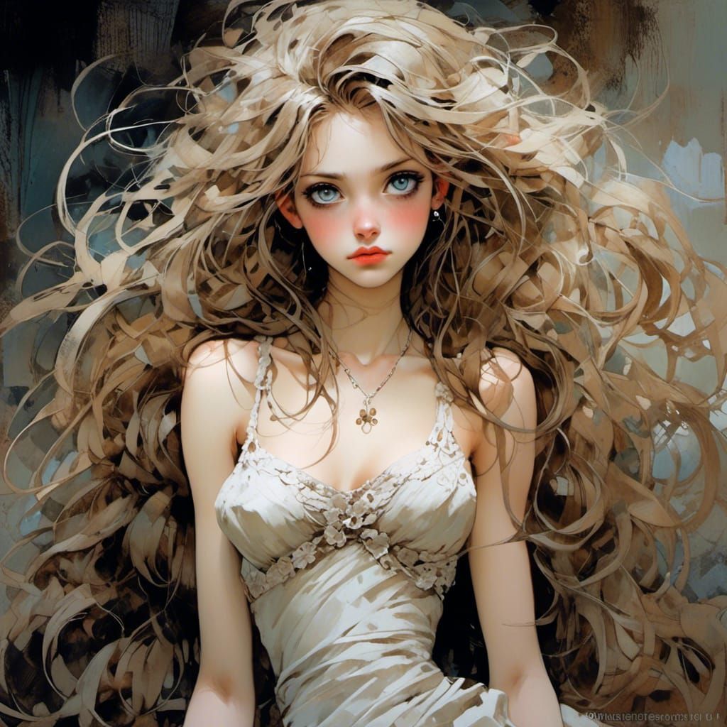 Beautiful Woman with Flowing Hair as a Royo Painting