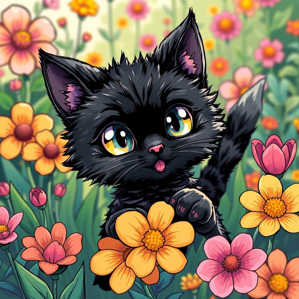 Whimsical Anime Cat in a Vibrant Flowerbed with Dragon Wolf ...