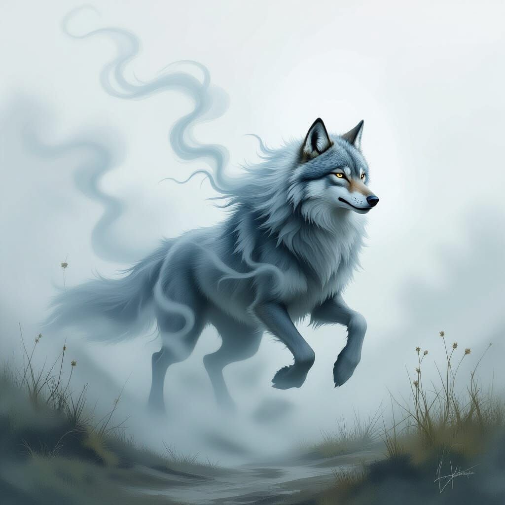 Ethereal Wolf Genie in Dreamlike Oil Painting