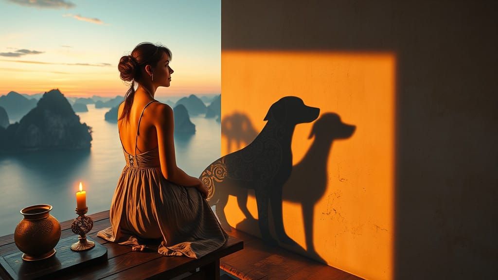 Woman in Dreamlike Ha Long Bay Landscape with Shadow Dogs