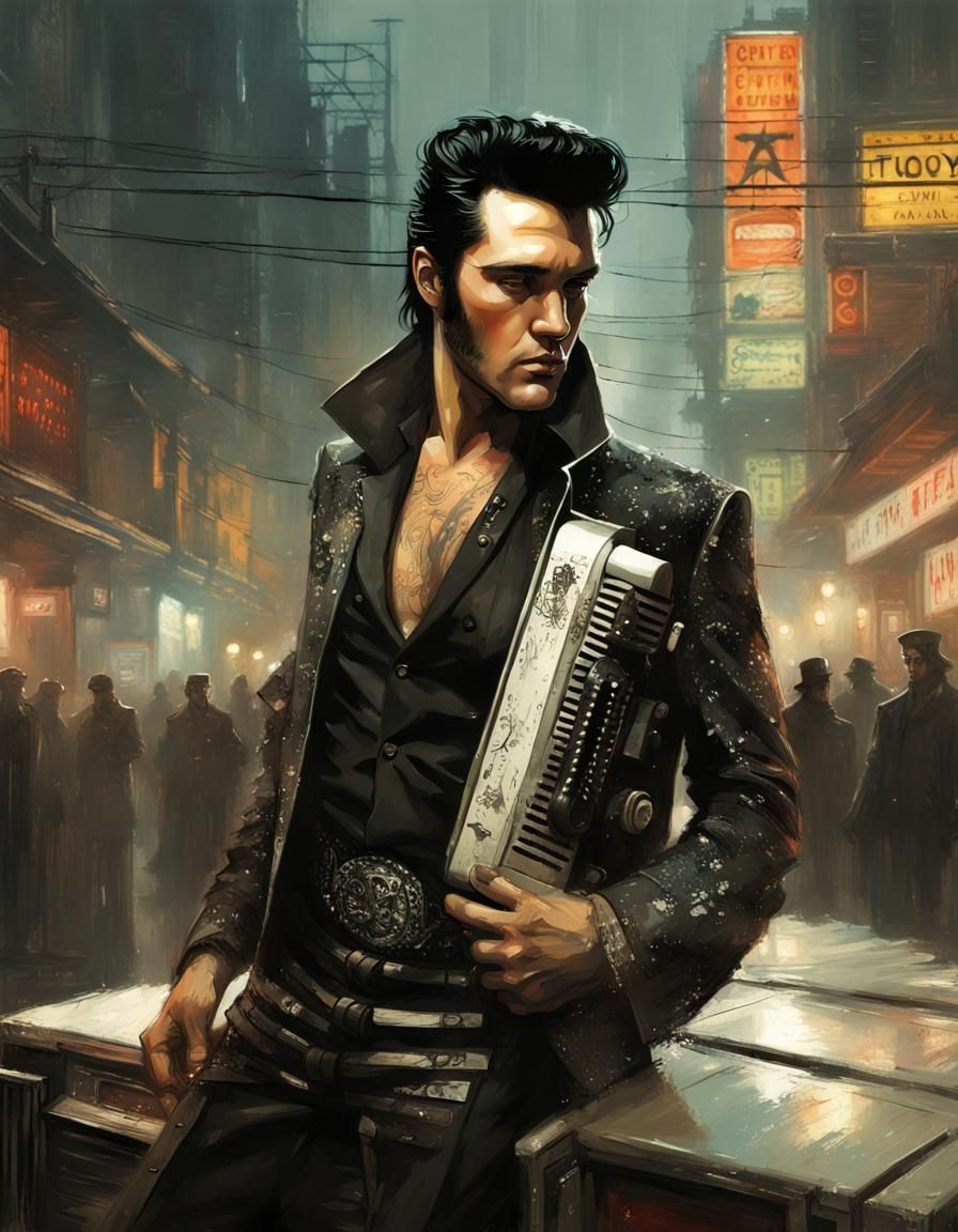 Eccentric Elvis on Cyberpunk Victorian Stage