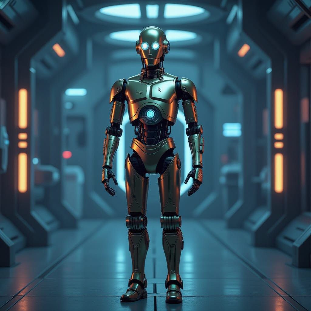 Polished Gold-Bronze Droid in Futuristic Setting