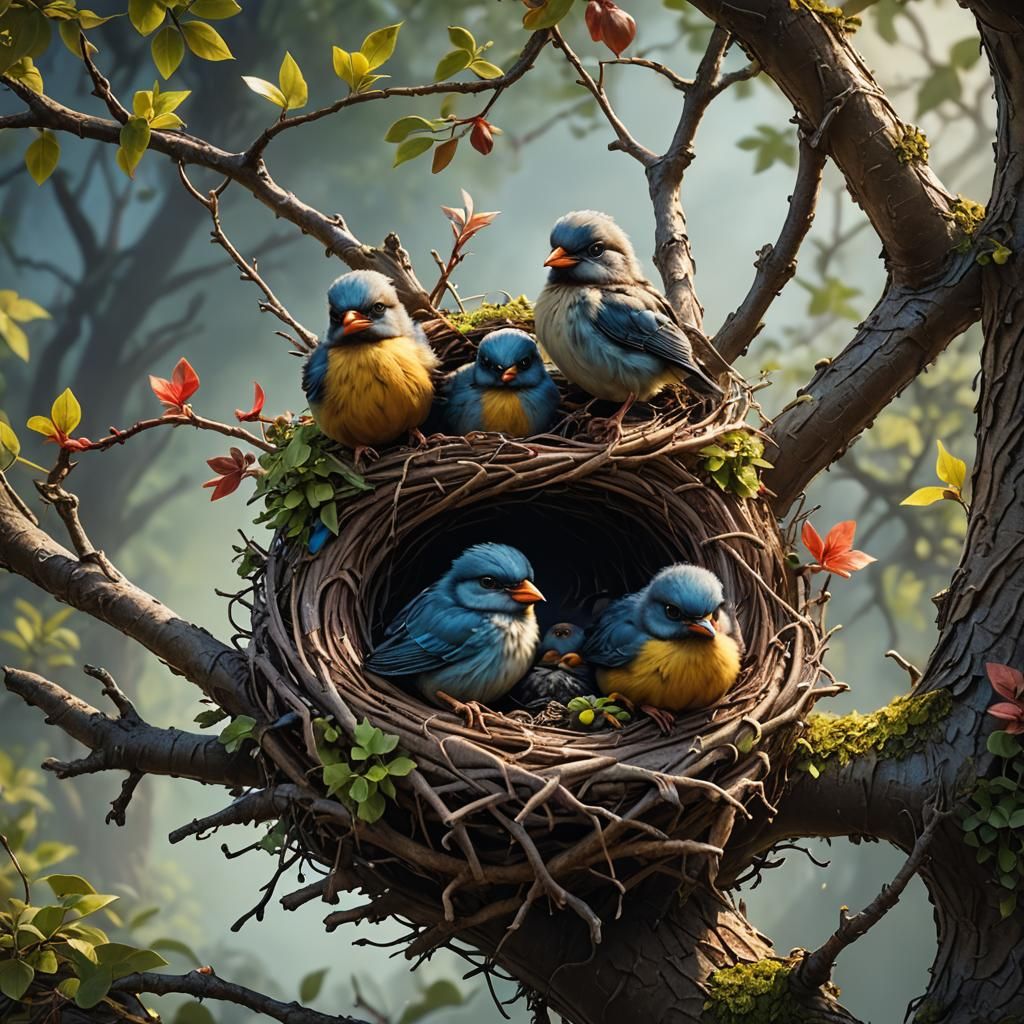 Baby Birds in Nest: Detailed Fantasy Art
