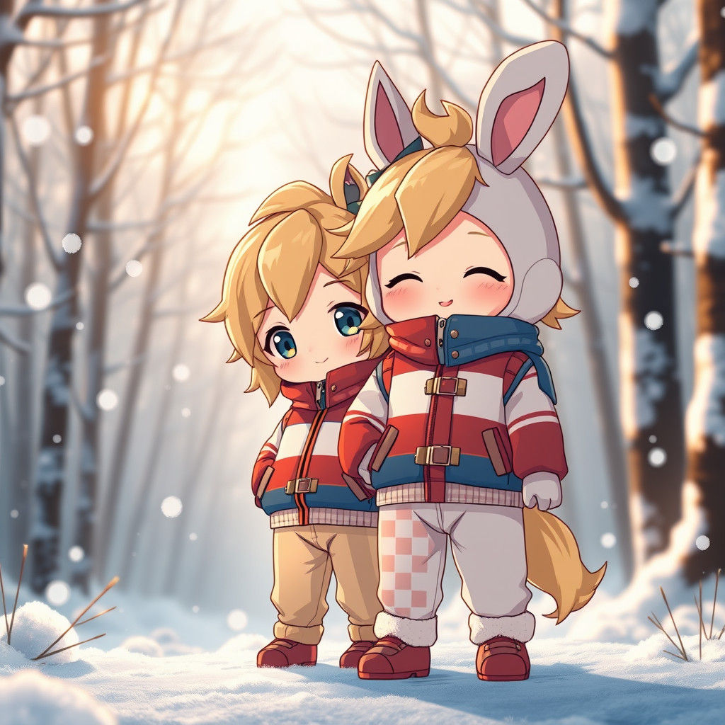 Chibi Boy and Android Girl in Snowy Anime Style