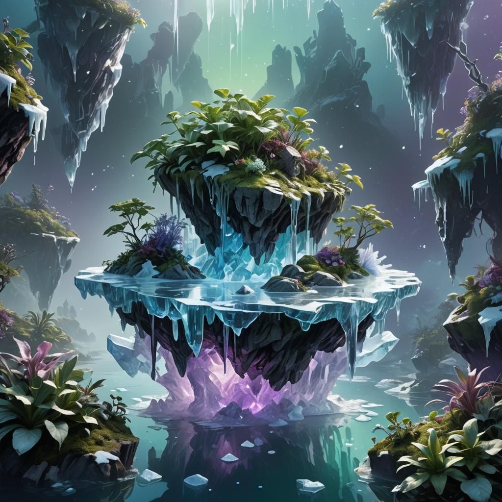 Intricate Ice Island with Lush Plants