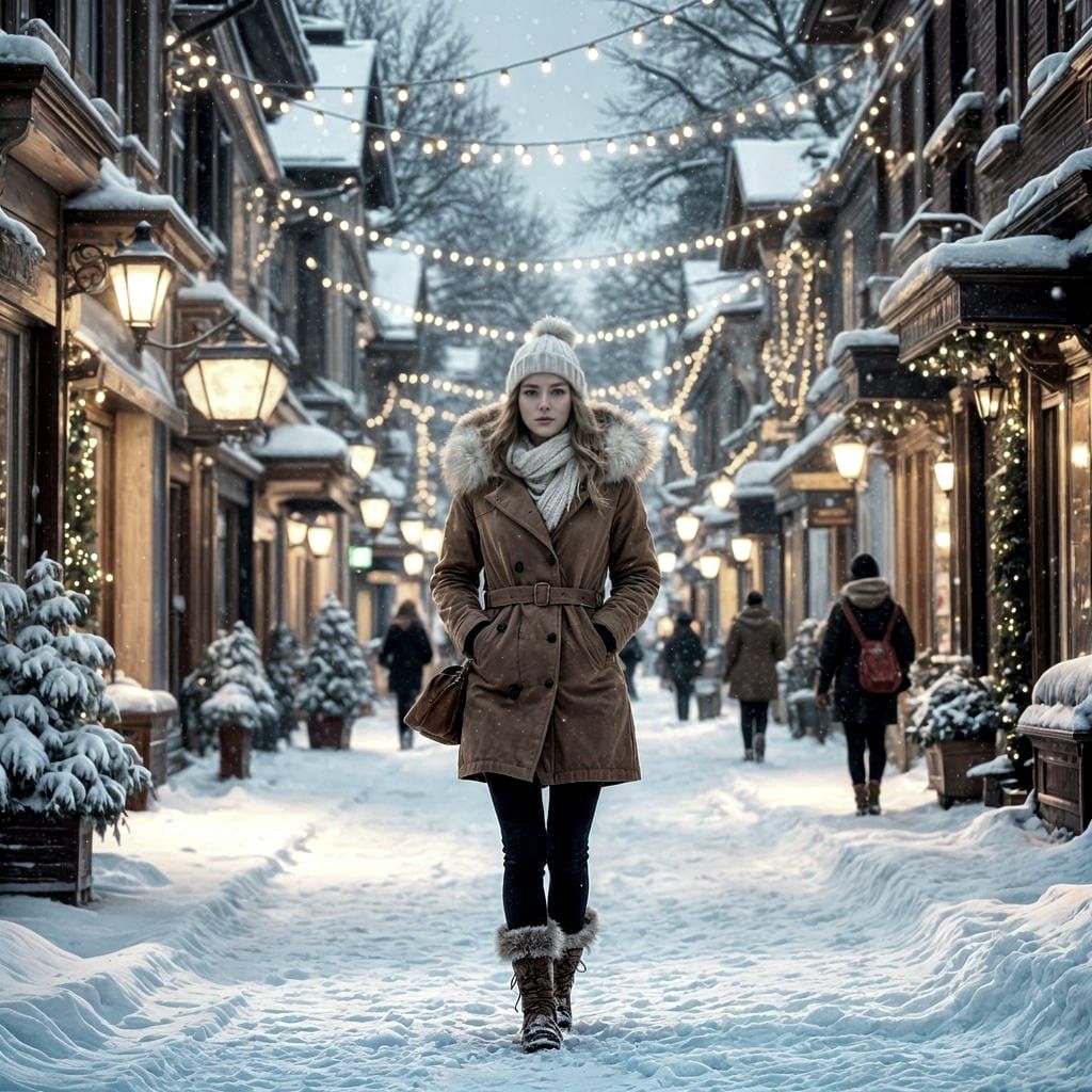 Snowy Town at Christmas Eve in Natural Photography Style