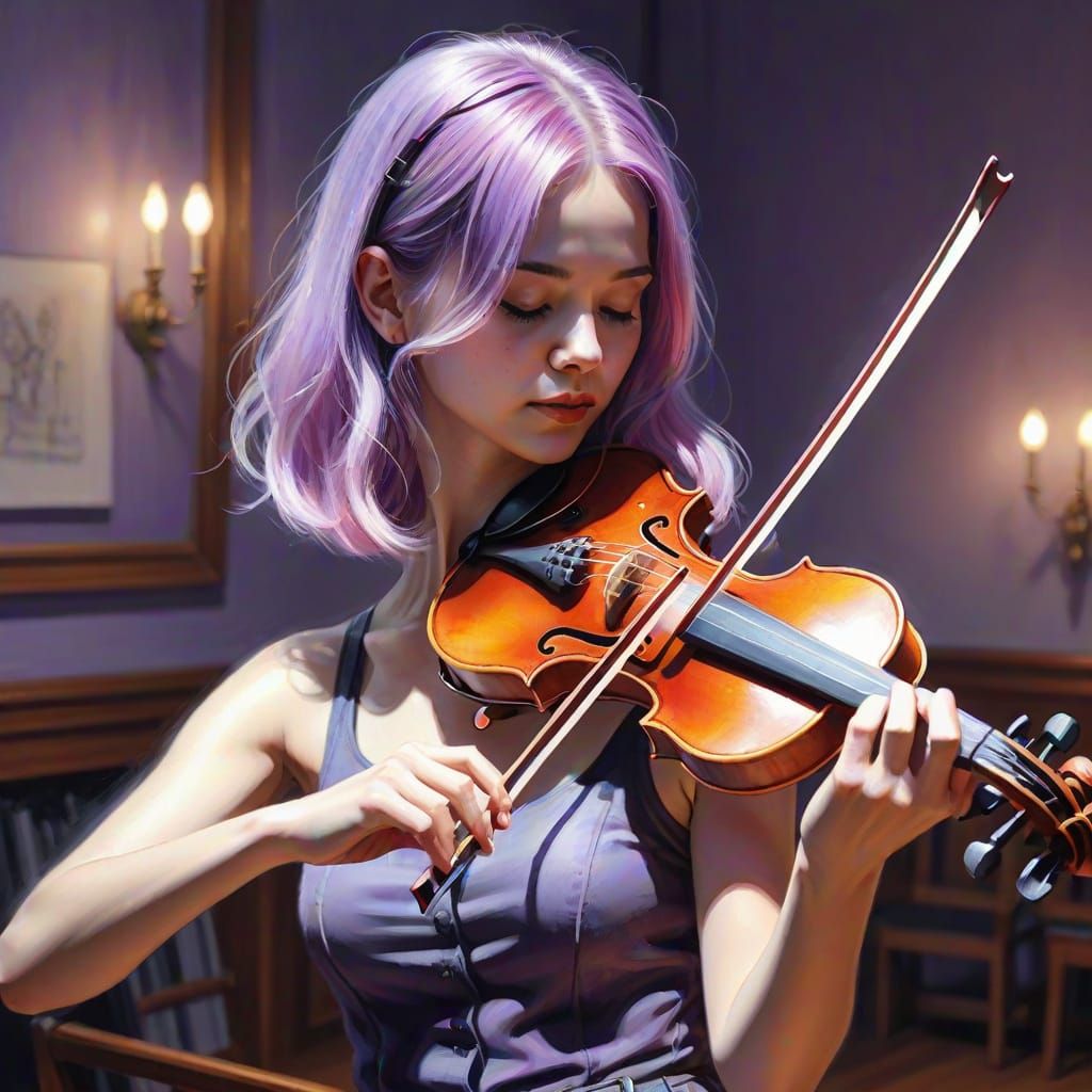 Pencil Sketch of Woman with Purple Hair Playing Violin