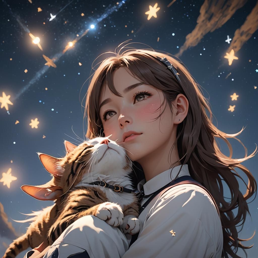 Girl and Cat Stargazing: 3D Anime Art