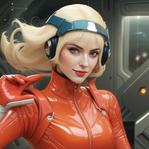 Curvy Woman in Latex Catsuit with Saturn Backdrop