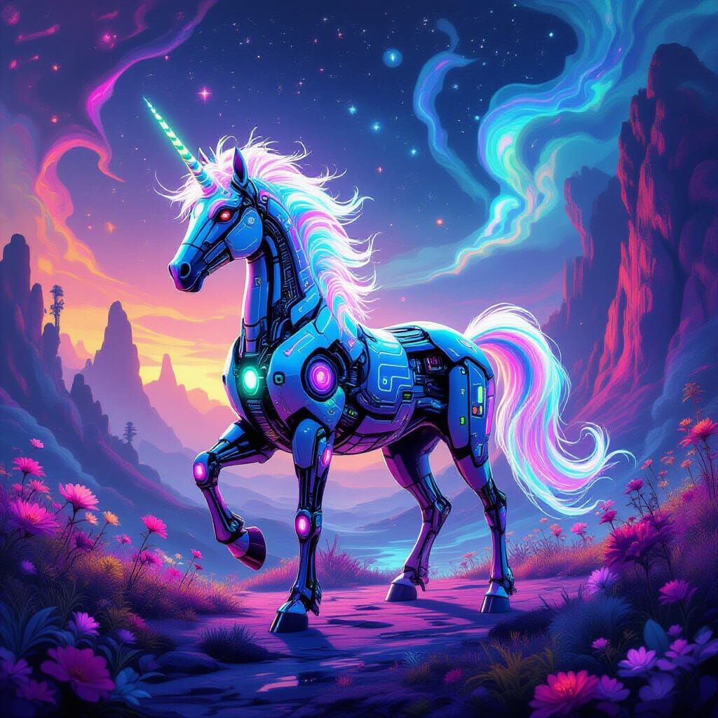 Cyborg Unicorn in Psychedelic Landscape