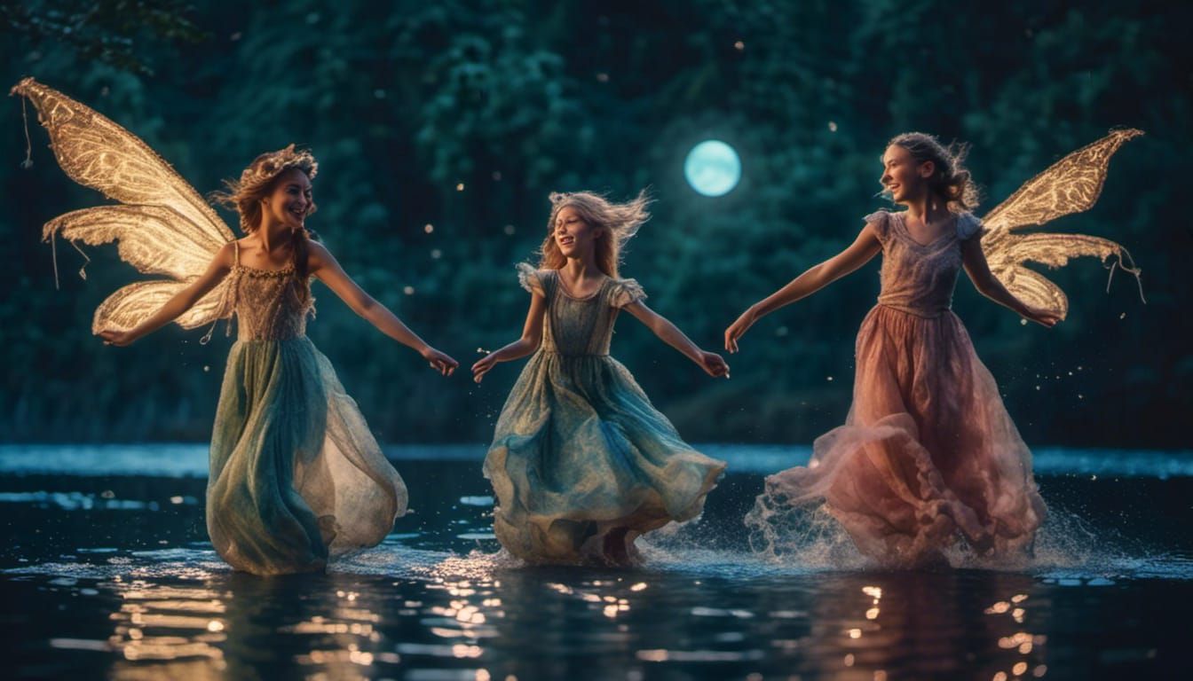Fairies Dancing by Moonlit Lake, Cinematic Film Still