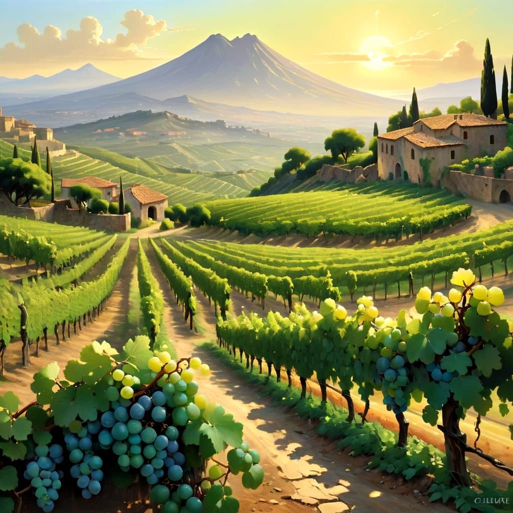Surreal Vineyard on Dormant Volcano Captured in Golden Hour
