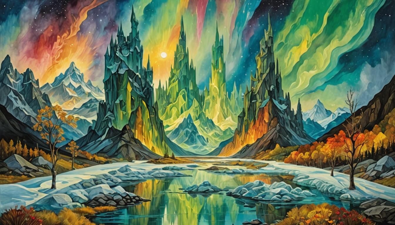 Dreamworld Landscape with Crystalline Spires, as Impasto Pai...