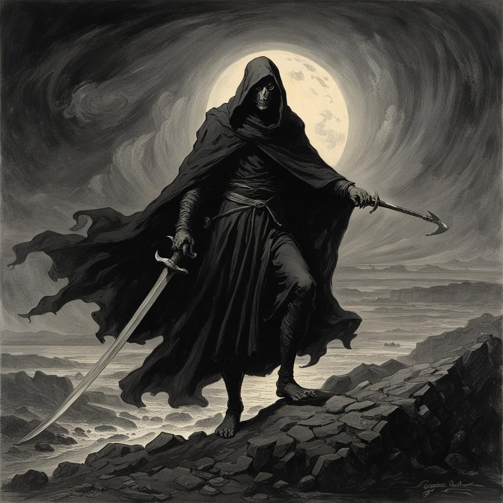 Pale Man in Black Robes with Scimitar