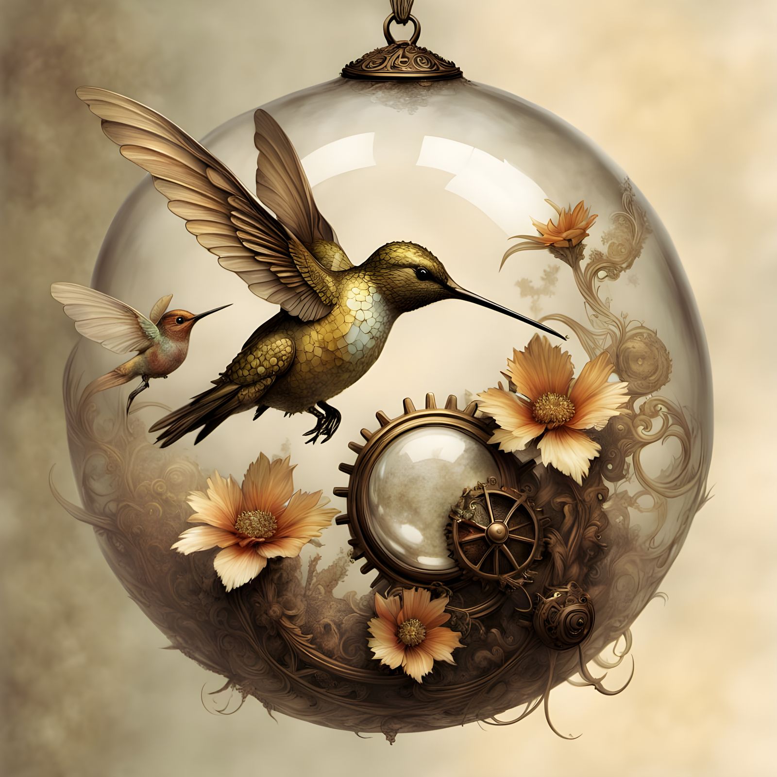 Elegant Steampunk Hummingbird in Victorian Greenhouse