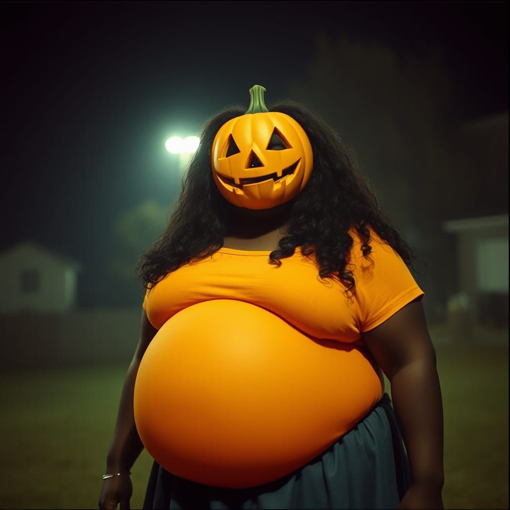 Joyful Girl in Pumpkin Mask at Night