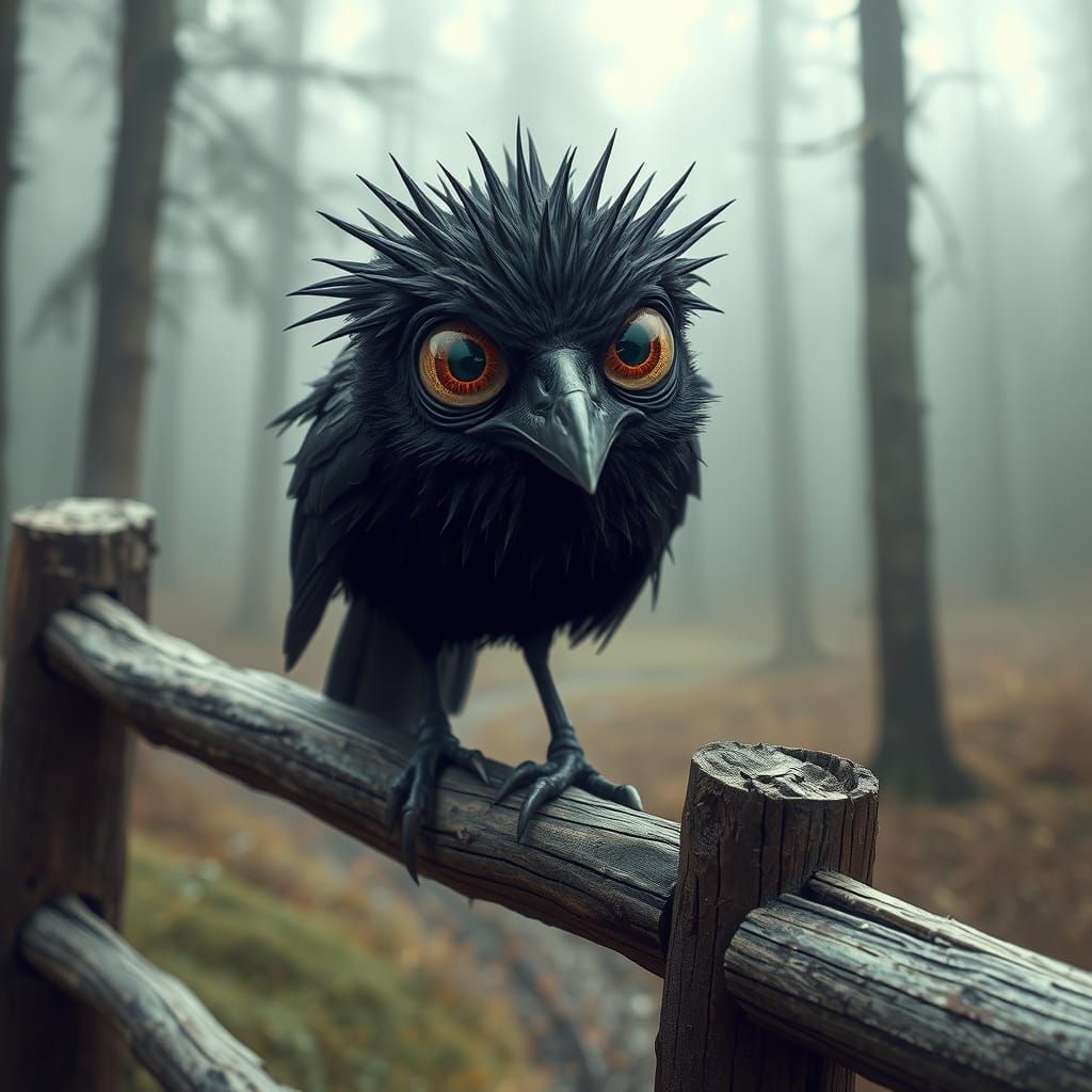 Raven-like Bird with Oversized Eyes in Misty Forest