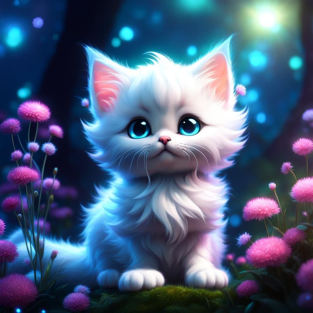 Glowing Kitten in Enchanted Garden, Digital Art