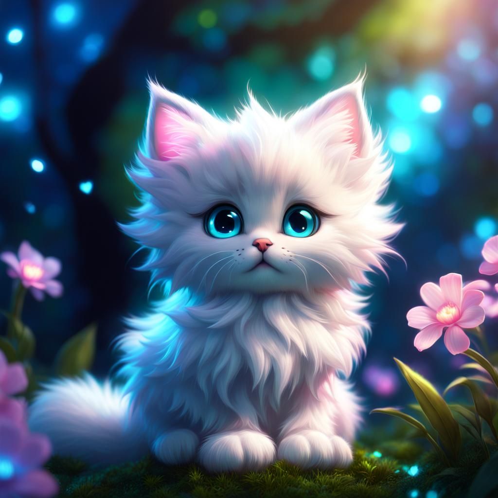 Galactic Kitten in Enchanted Garden, Digital Art