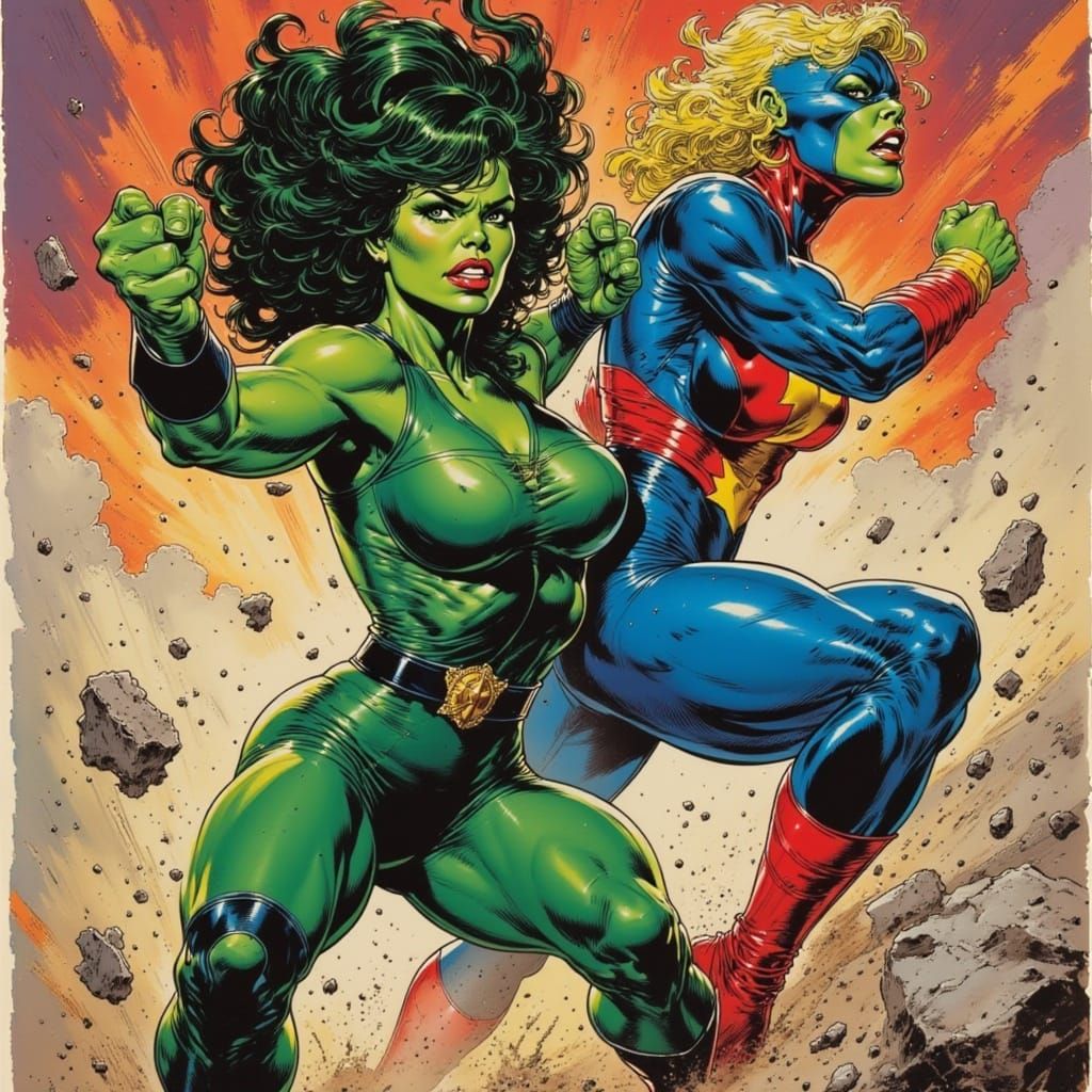 <lora:She-Hulk:1.0>She Hulk  battles Captain Marvel