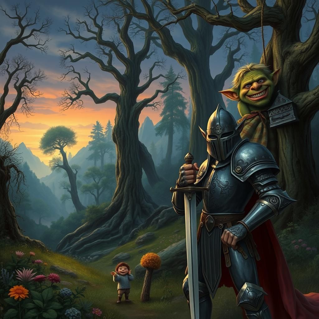 Knight and Troll in Mystical Forest Landscape