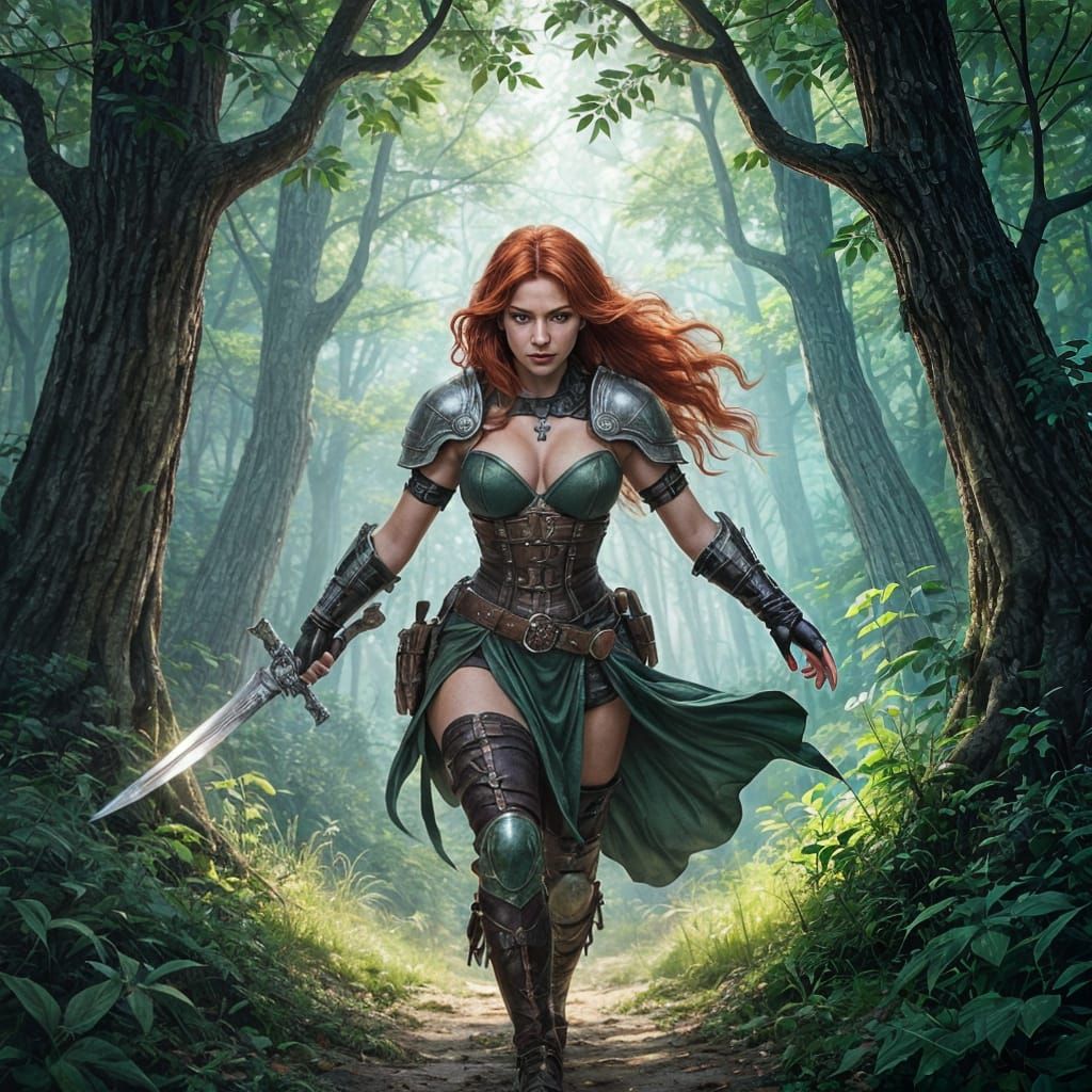Red-Haired Rogue Navigates Treacherous Forest Path