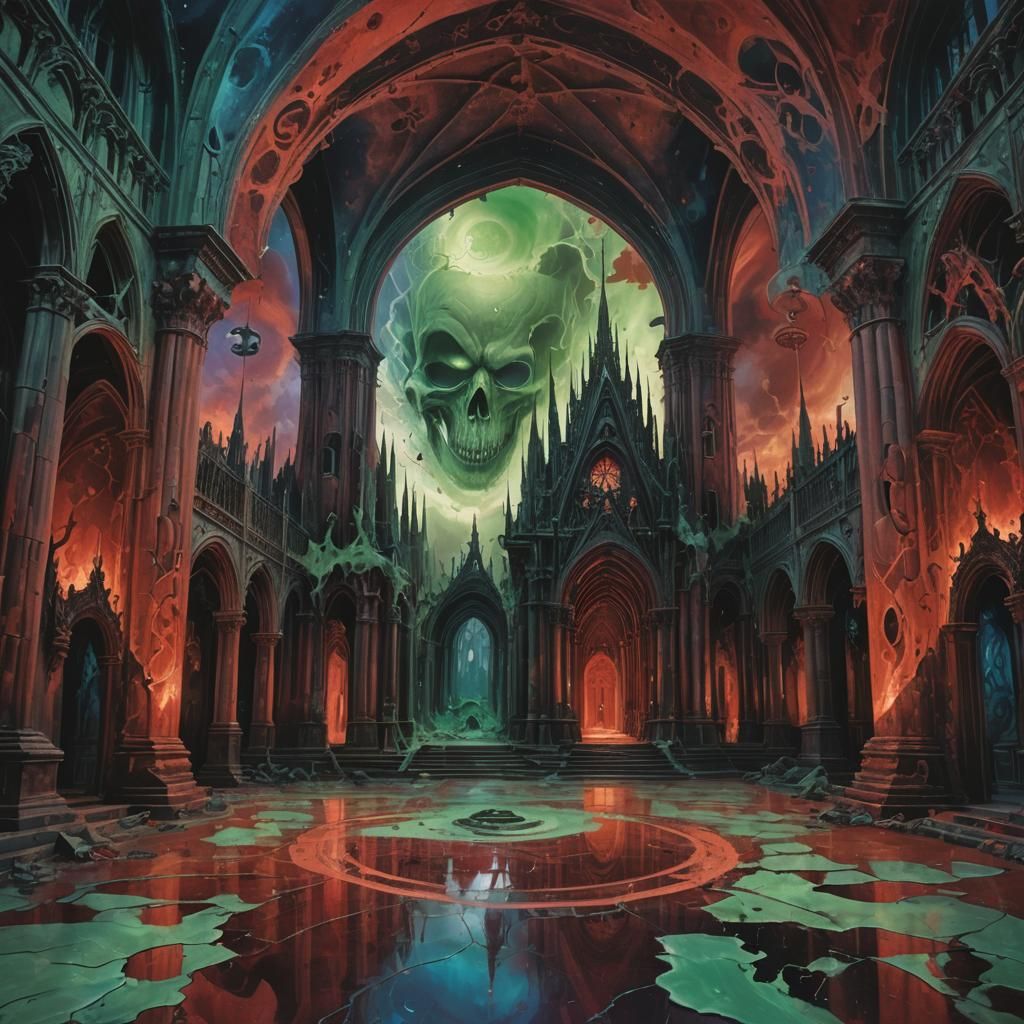 Experimental Gothic Cathedral with Blood-Red Sky