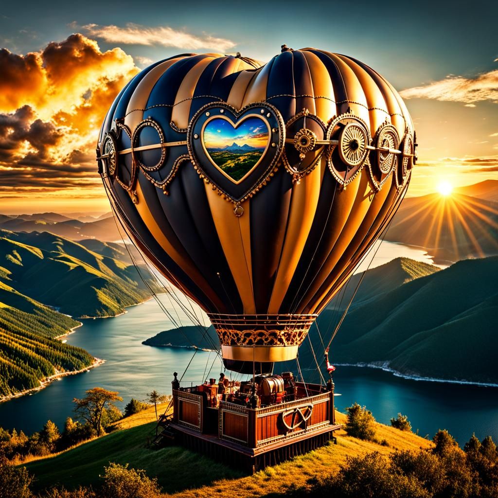 Steampunk Heart Balloon Flight at Sunset